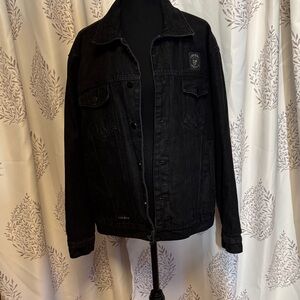 Men's Black Denim Jacket with Embroidered Patch MOTORCYCLE